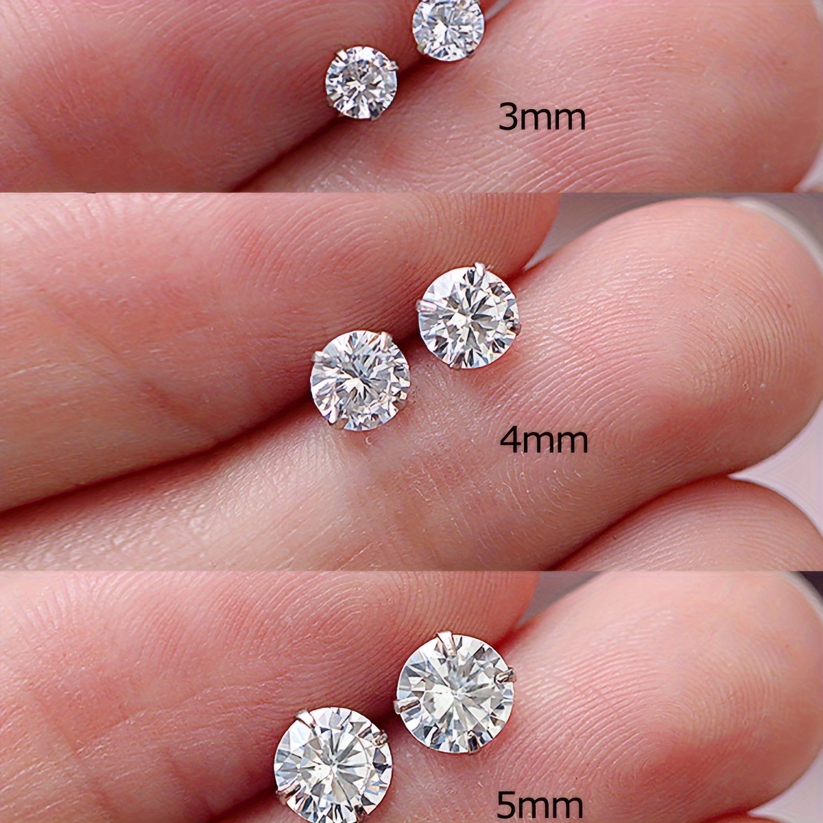 3 Pairs Sterling Silver Sparkling Stud Earrings Set